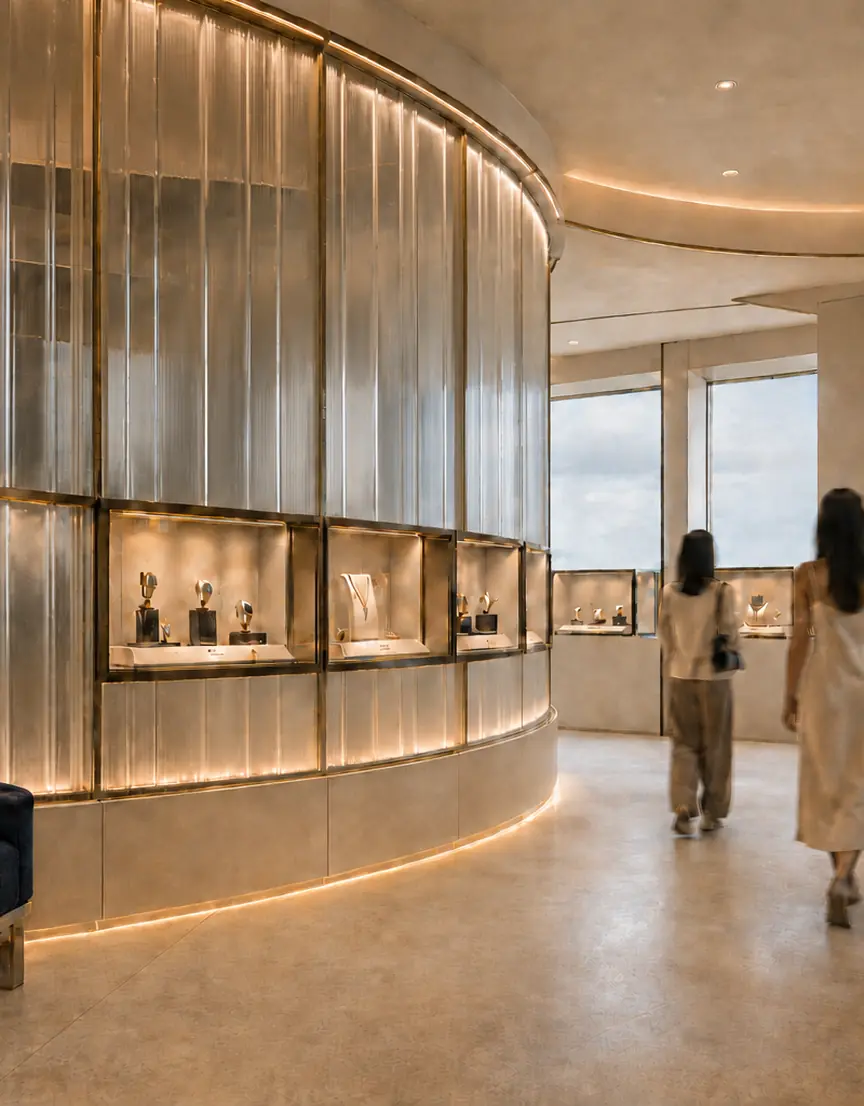 Détail des vitrines d’un espace retail contemporain